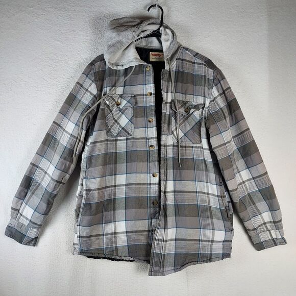 Wrangler Authentics Men’s Quilted Hooded Flannel Shirt Jacket Gray Plaid, Medium - Picture 1 of 14